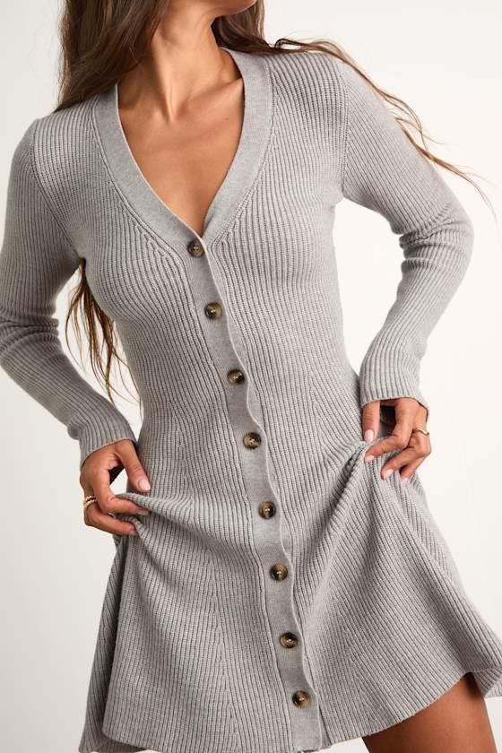 Adorably Flirty Heather Grey Button-Front Sweater Mini Dress Product Image