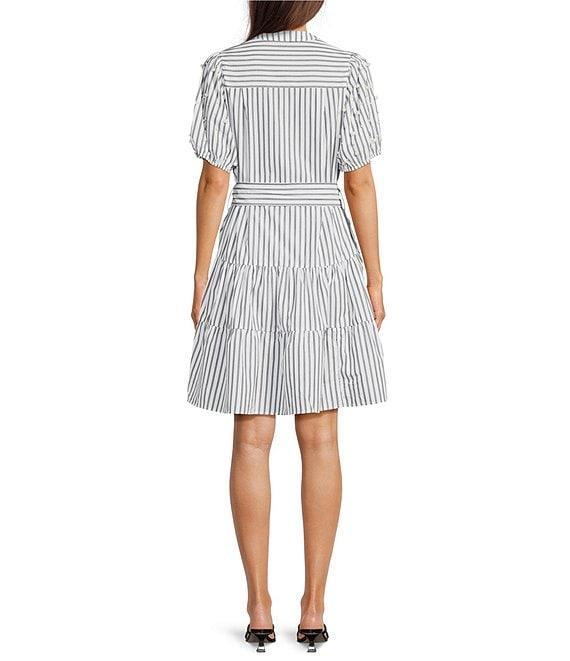 Calessa Short Pearl Sleeve Split V-Neck Tiered Tie Belt Striped Dress Product Image