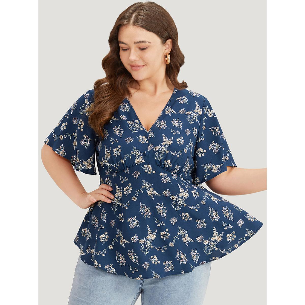 Plus Size Indigo Floral Print Flutter Sleeve Button Detail Blouse Women Elegant Short sleeve V-neck Dailywear Blouses BloomChic 18-20/2X Product Image