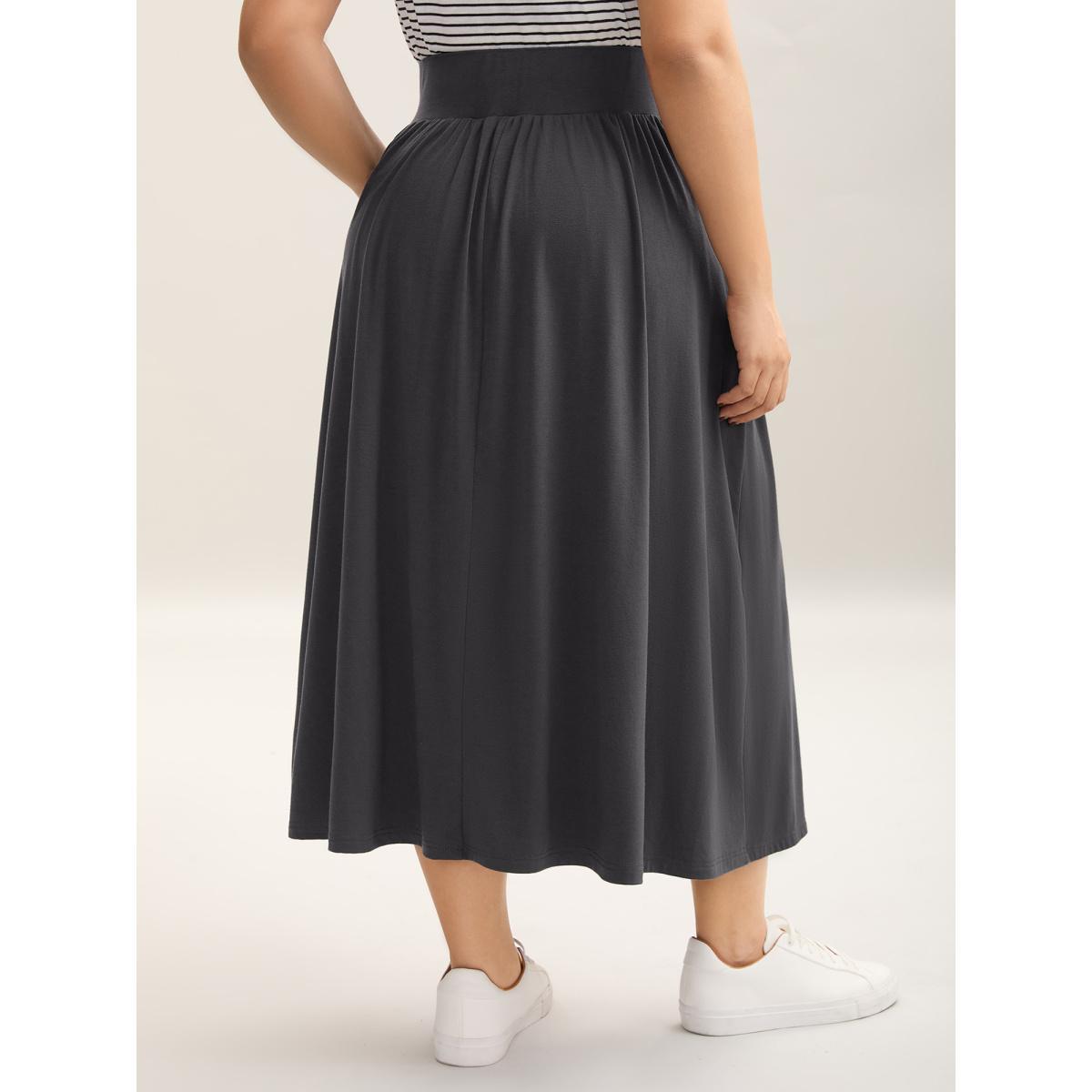Plus Size Supersoft Wide Waistband Pleated Plain Midi Skirt Women DimGray Elegant Gathered Medium stretch Slanted pocket Everyday Skirts BloomChic 30/6X Product Image