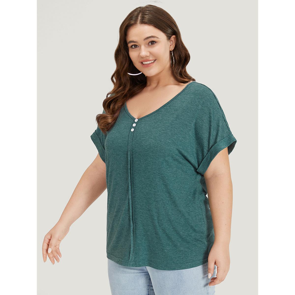 Plus Size Plain V Neck Button Detail Roll Dolman Sleeve T-shirt Cyan Women Casual Plain Plain V-neck Dailywear T-shirts BloomChic 26/4X Product Image
