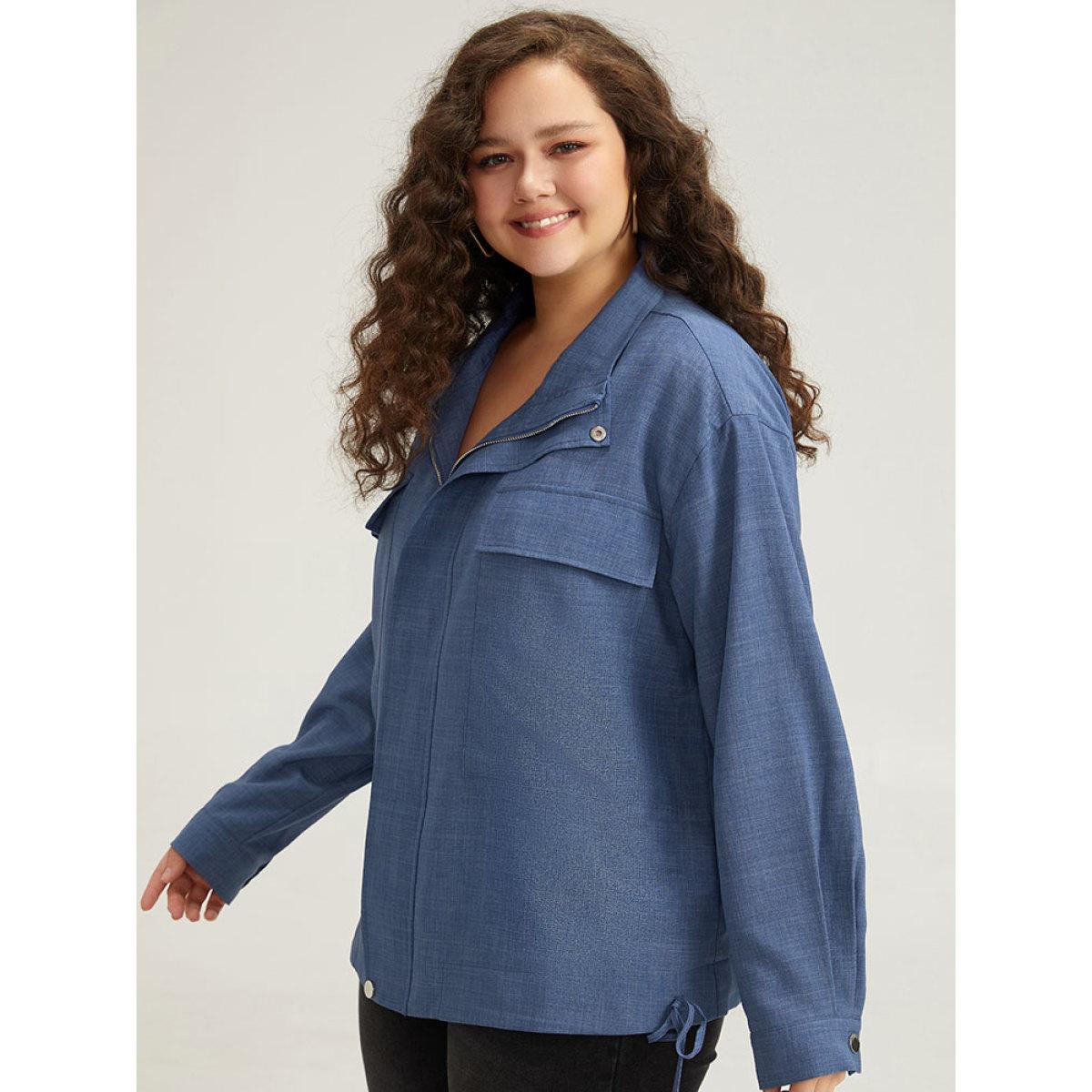 Plus Size Plain Flap Pocket Zipper Lapel Collar Coat Women Stone Casual Plain Ladies Dailywear Winter Coats BloomChic 14-16/1X Product Image
