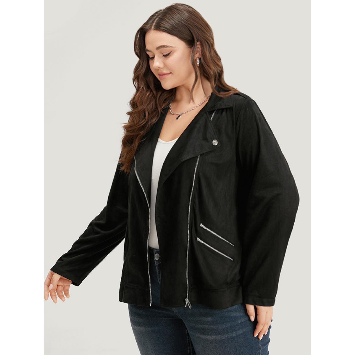 Plus Size Solid Lapel Collar Zipper Metal Detail Jacket Women Black Plain Dailywear Jackets BloomChic 10/M Product Image