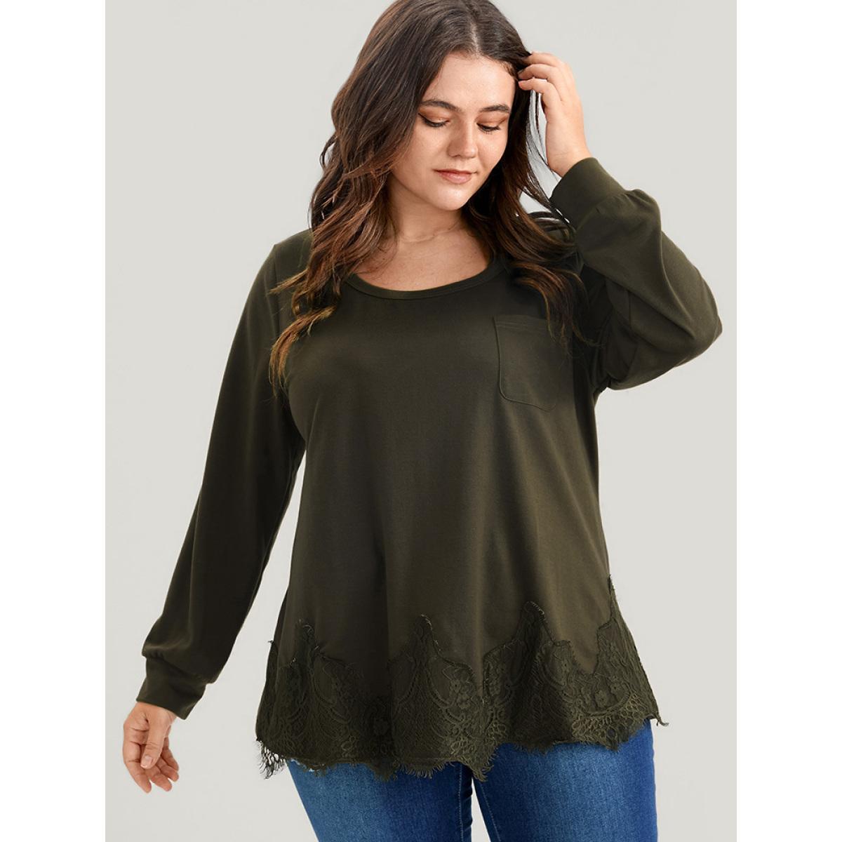Plus Size Solid Round Neck Pocket Lace Hem Sweatshirt Women ArmyGreen Elegant Patchwork Round Neck Dailywear Sweatshirts BloomChic 10/M Product Image
