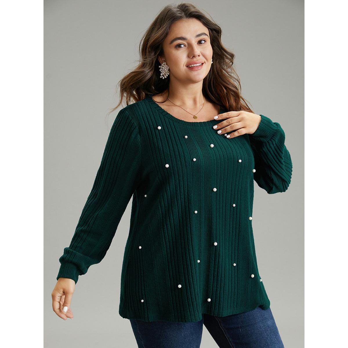 Plus Size Plain Rib Knit Pearl Beaded Sweatshirt Women DarkGreen Elegant Texture Round Neck Dailywear Sweatshirts BloomChic 28/5X Product Image