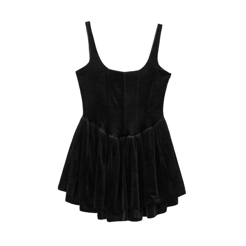 Sleeveless Scoop Neck Plain Velvet Mini A-Line Dress Product Image