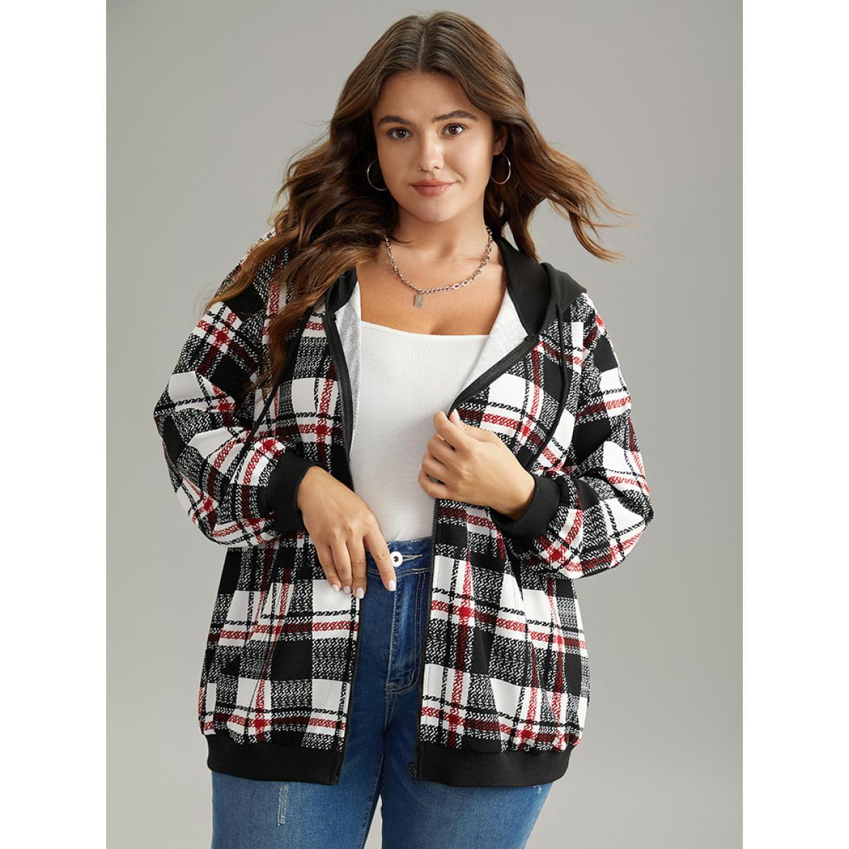 Plus Size Plaid Hooded Drawstring Zipper Sweatshirt Women Black Casual Elastic cuffs Hooded Dailywear Sweatshirts BloomChic 22-24/3X Product Image