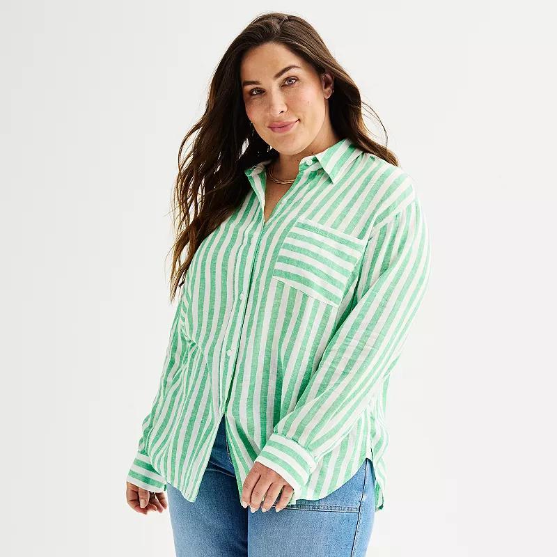 Plus Size Sonoma Goods For Life Oversized Linen-Blend Boyfriend Shirt, Womens Multi Pink Stripe Product Image