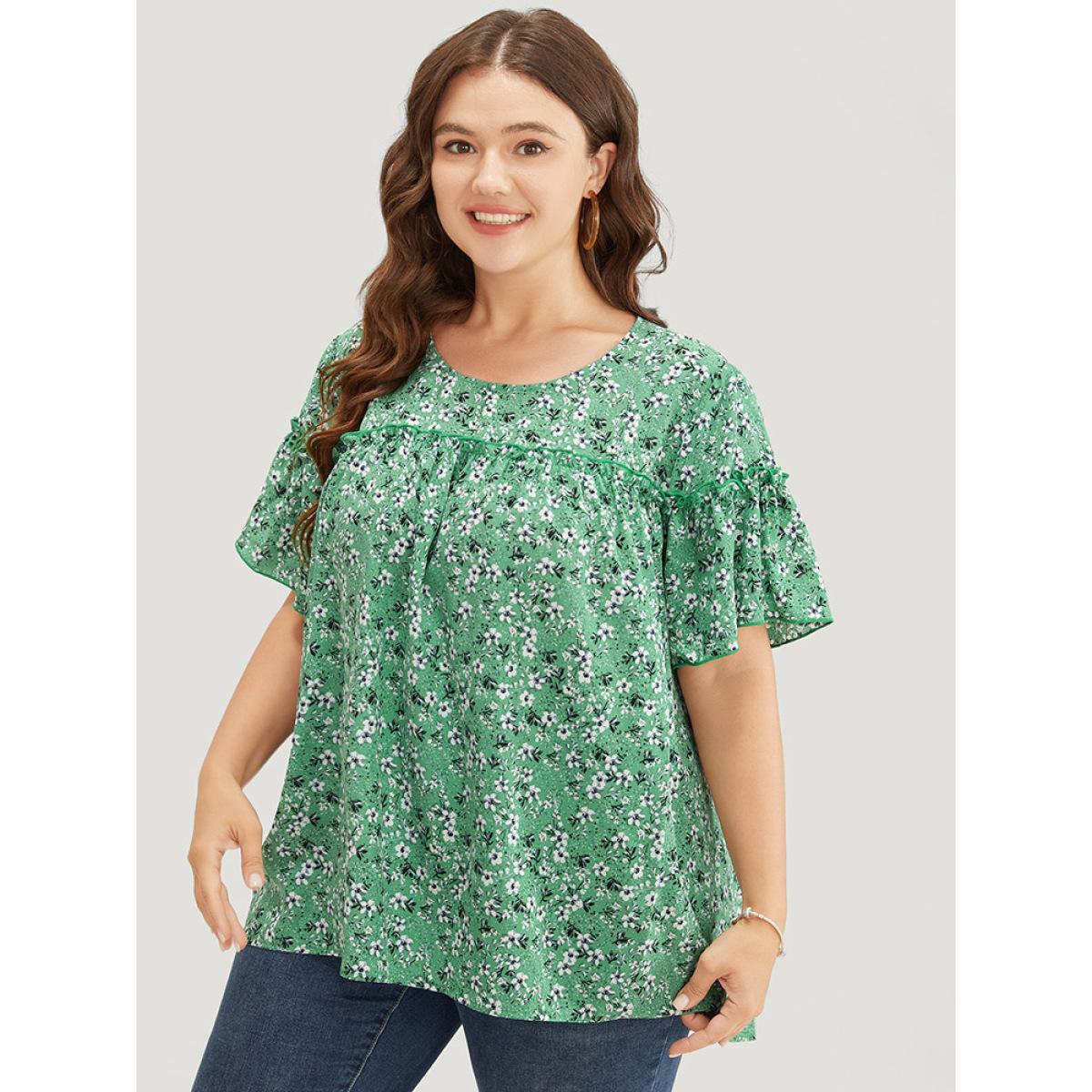 Plus Size Mint Ditsy Floral Frill Trim Gathered Ruffle Sleeve Blouse Women Elegant Short sleeve Round Neck Dailywear Blouses BloomChic 26/4X Product Image