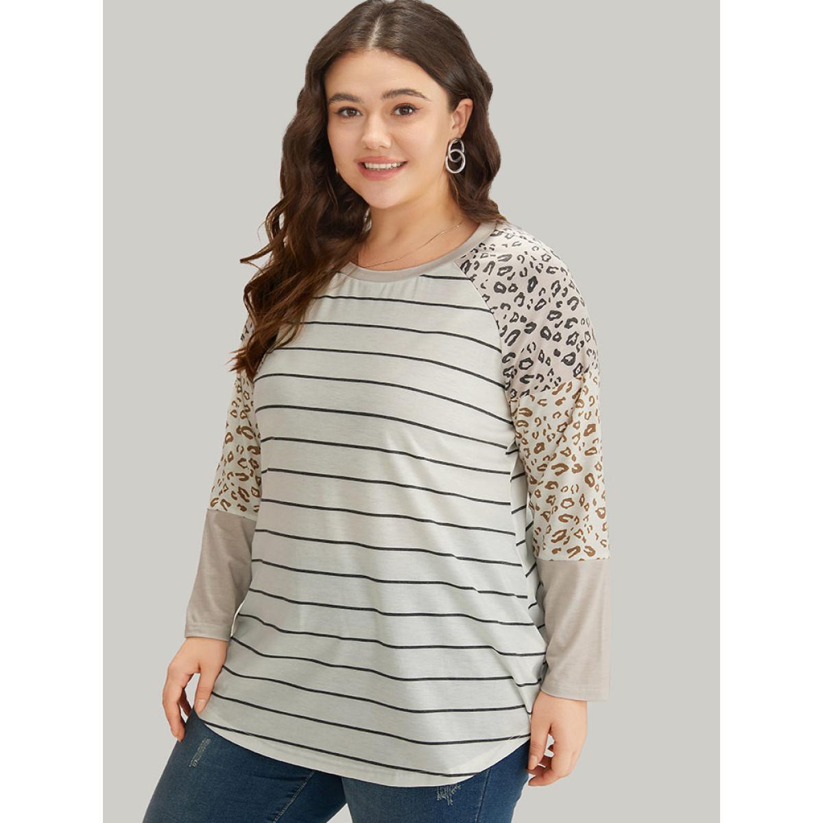 Plus Size Leopard Striped Patchwork Raglan Sleeve T-shirt Multicolor Women Casual Patchwork Leopard Round Neck Dailywear T-shirts BloomChic 12/L Product Image