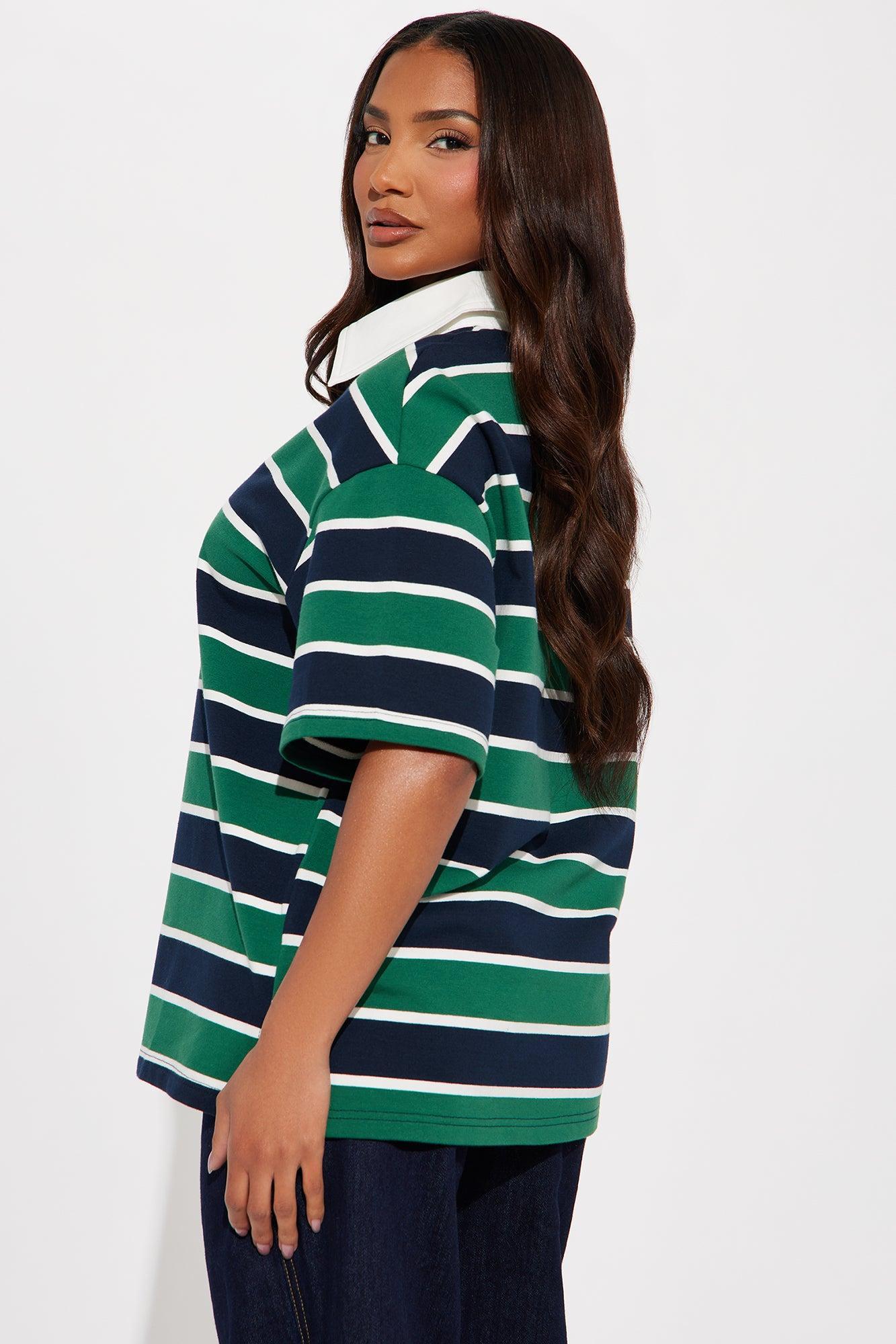 So Sporty Rugby Stripe Polo Top - Green/combo Product Image