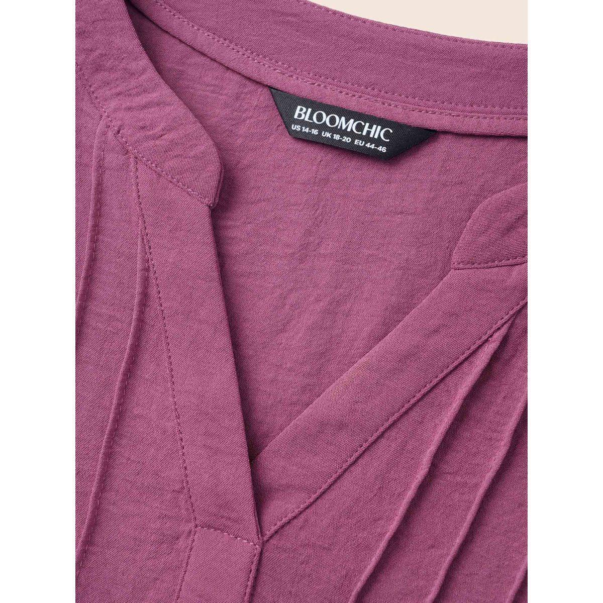 Plus Size Mauve Notched Pleated Ruffles Split Hem Blouse Women Elegant Half Sleeve Flat collar with V-notch Everyday Blouses BloomChic 18-20/2X Product Image