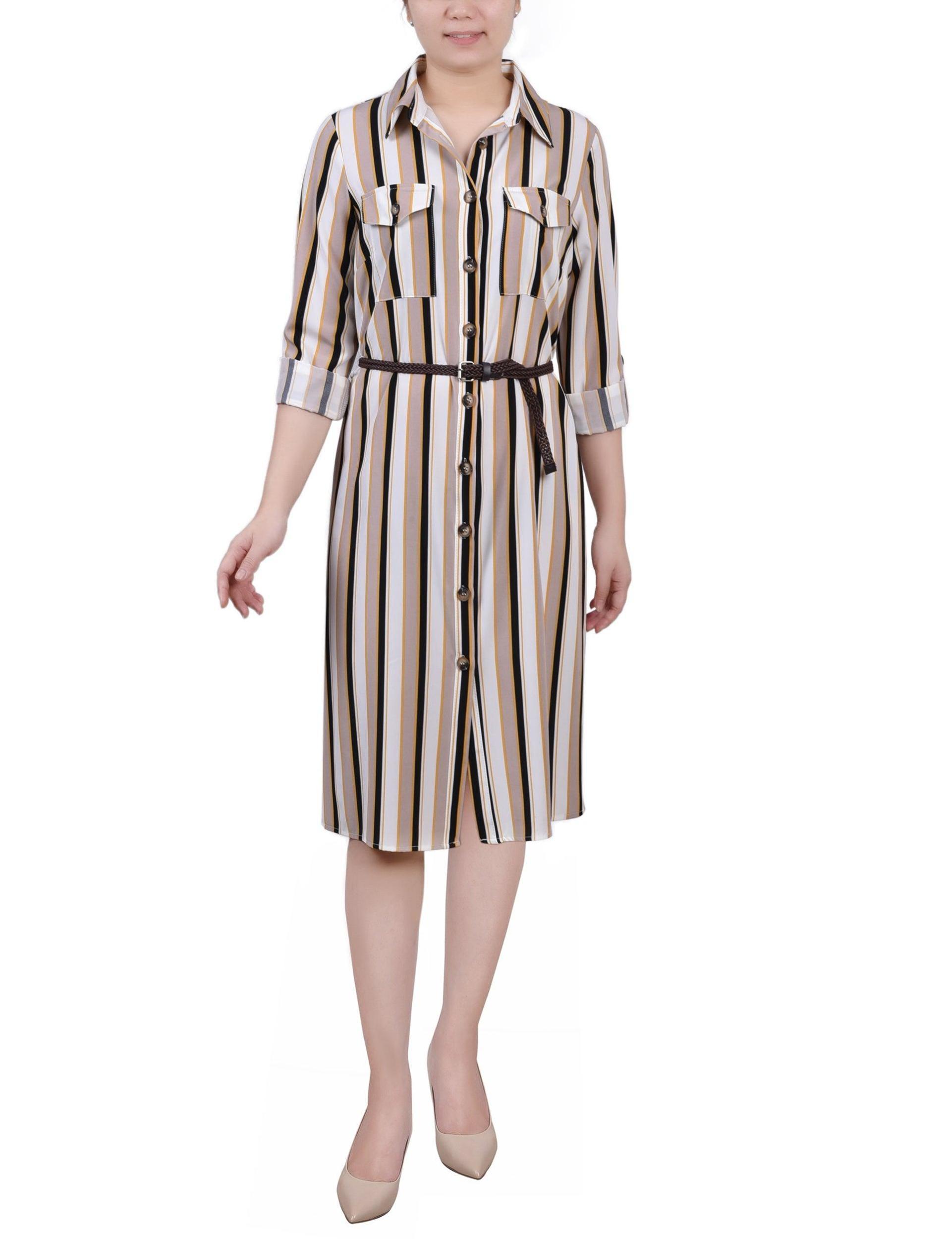 Ivory Navy Sun Multi Stripe 3/4 Roll Tab Sleeve Shirtdress - Petite Product Image
