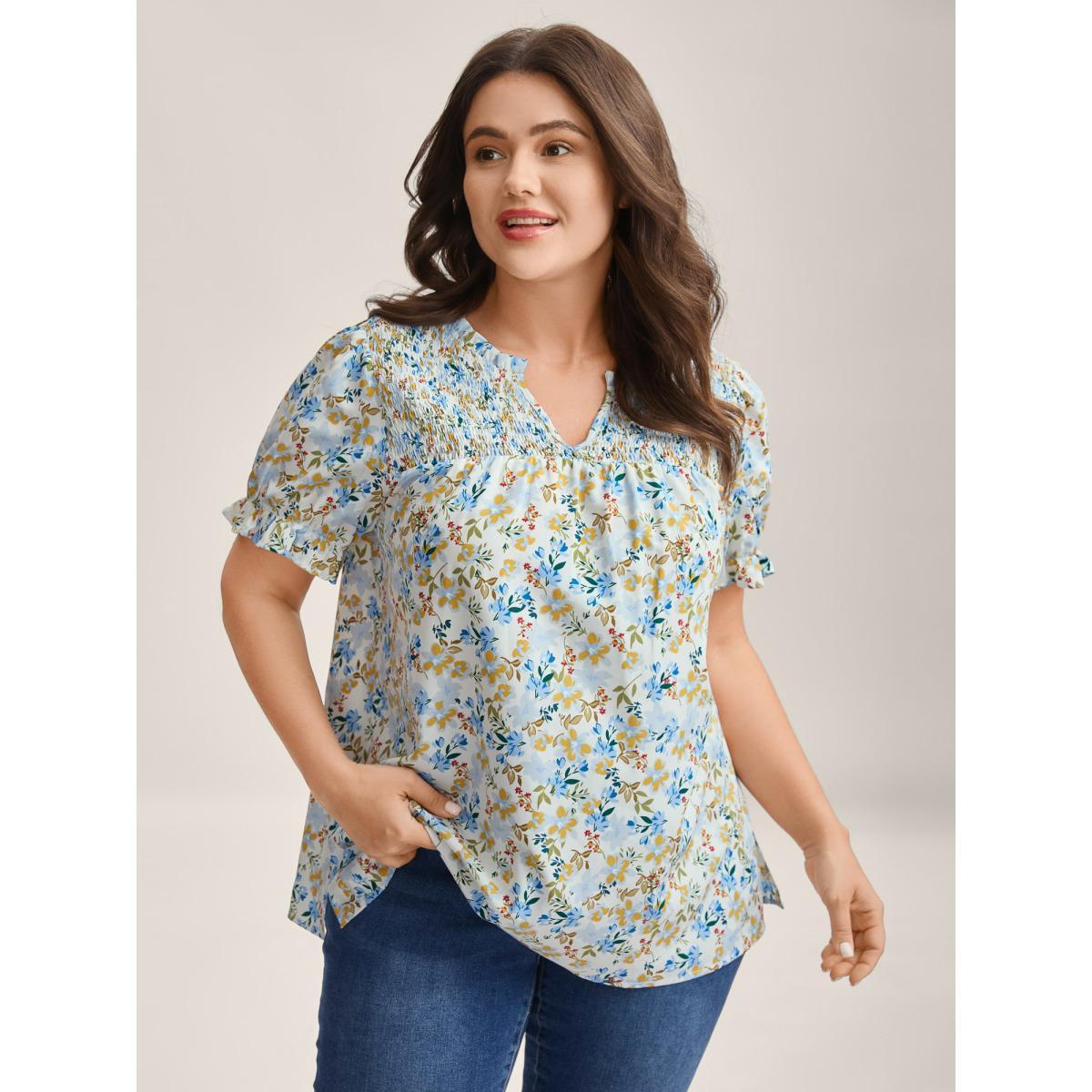 Plus Size LightBlue Floral Print Shirred Neck Blouse Women Short sleeve Flat collar Everyday-Casual Blouses BloomChic 22-24/3X Product Image