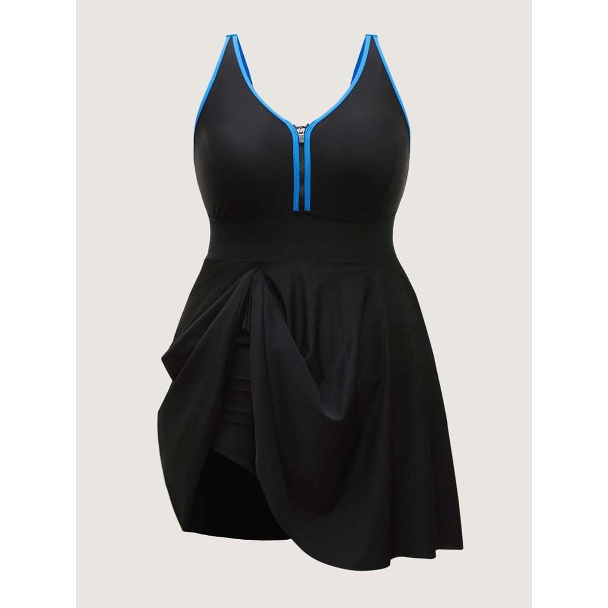 Plus Size Zipper Front Color Contrast Swim Dress Women's Swimwear Black Beach Bodycon V-neck High stretch Curve Swim Dresses BloomChic 18-20/2X Product Image