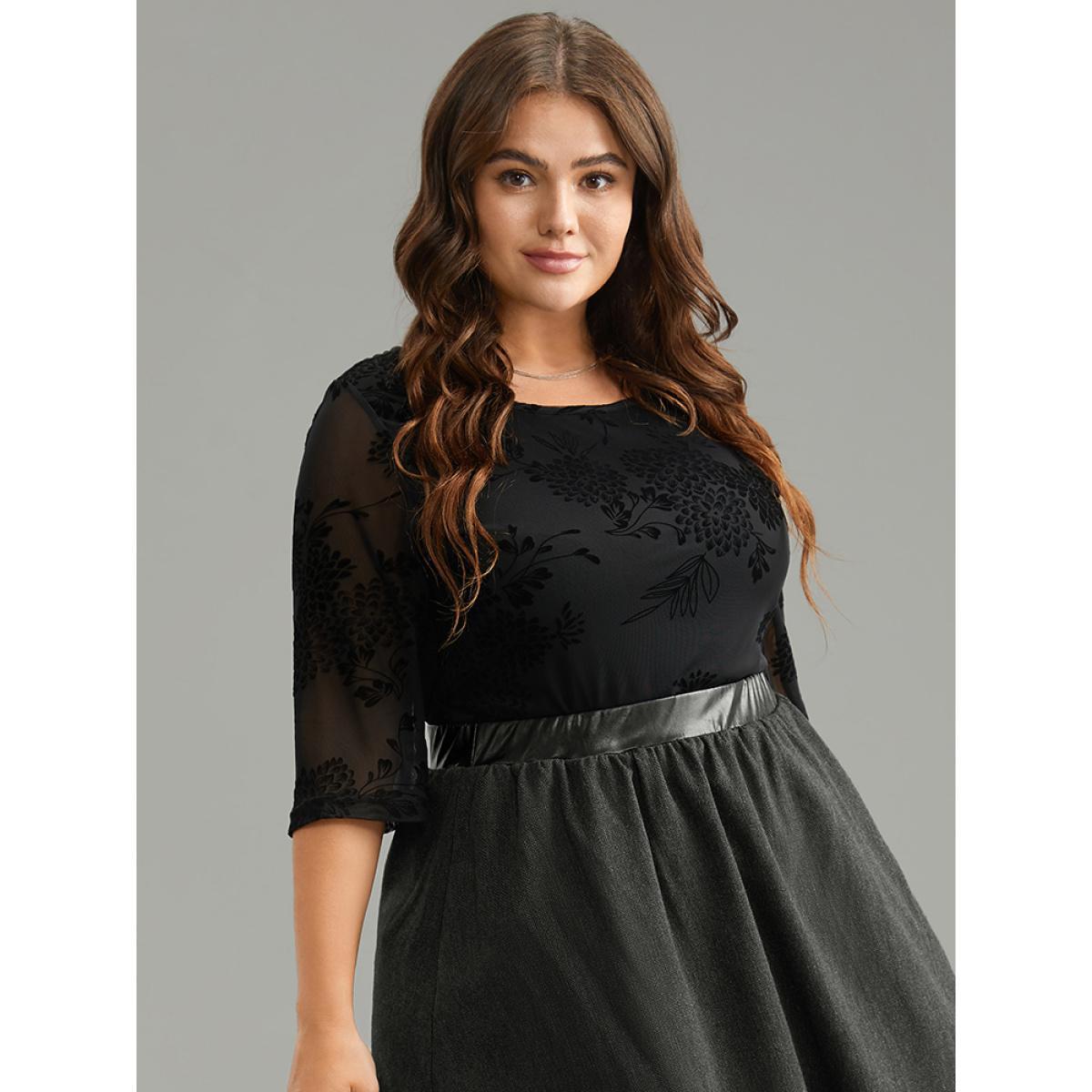 Plus Size Black Flocking Round Neck Crochet Lace Mesh T-shirt Women Office Elbow-length sleeve Round Neck Work Blouses BloomChic 12/L Product Image