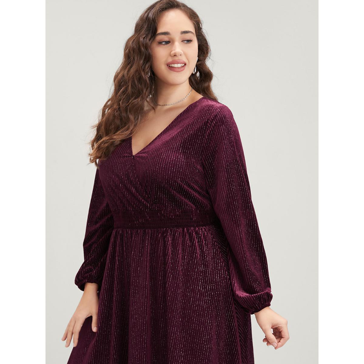 Plus Size Glitter Lantern Sleeve Surplice Neck Shirred Dress Burgundy Women Party Plain V-neck Long Sleeve Curvy Knee Dress BloomChic 26/4X Product Image