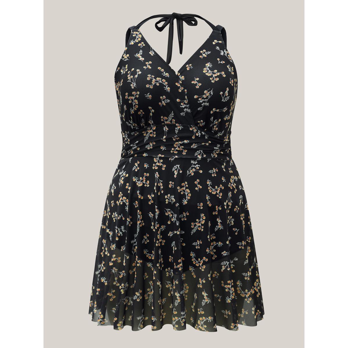 Plus Size Floral Mesh Sheer Splits Swim Dress Women's Swimwear Black Beach Bodycon Overlap Collar High stretch Curve Swim Dresses BloomChic 26/4X Product Image