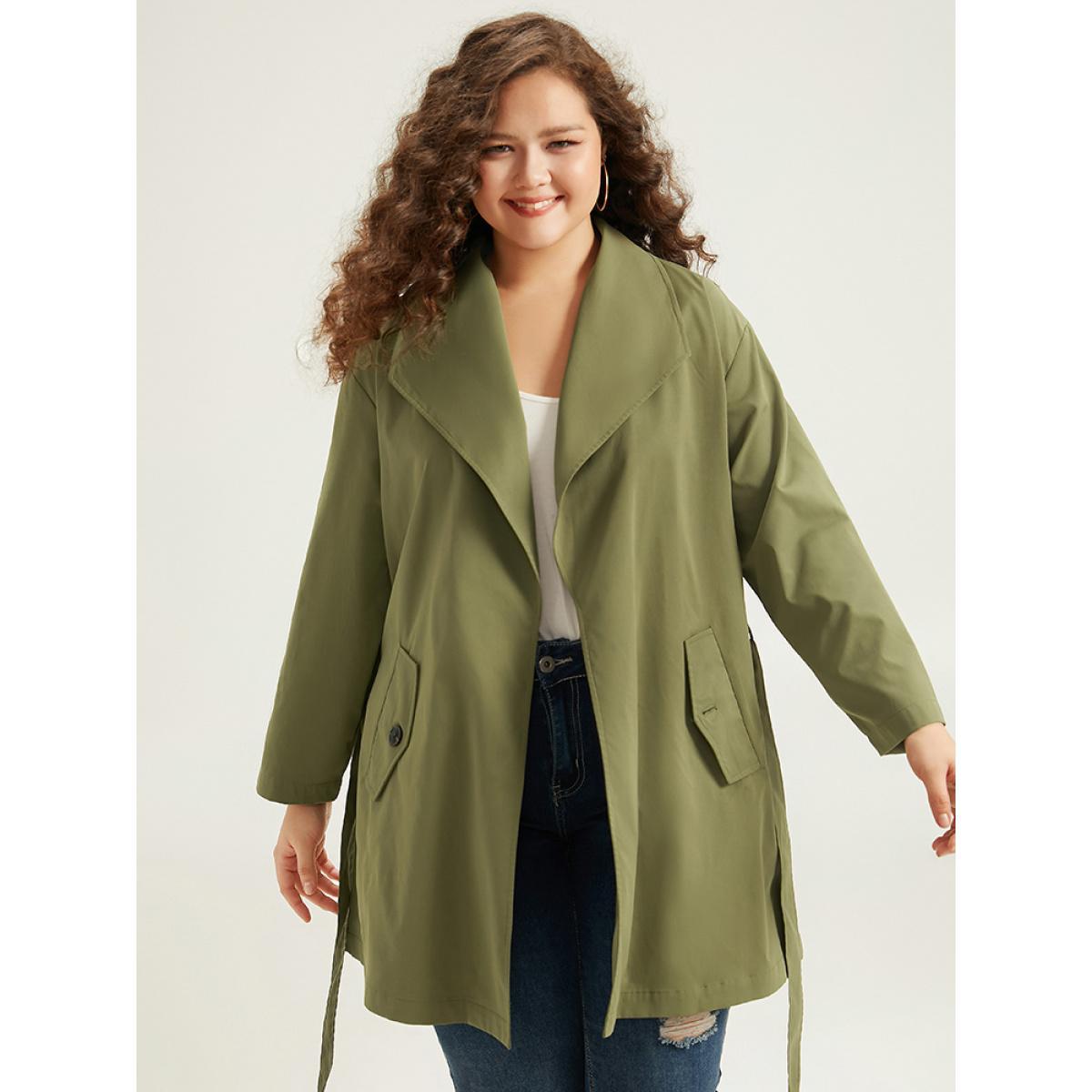 Plus Size Lapel Collar Belted Slant Pocket Coat Women Sage Casual Plain Ladies Everyday Winter Coats BloomChic 10/M Product Image