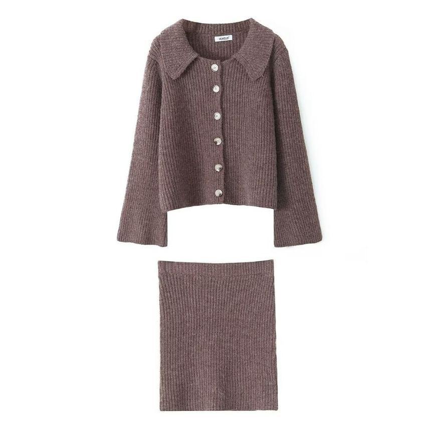 Set: Collared Plain Button Cardigan + High Waist Mini A-Line Skirt Product Image