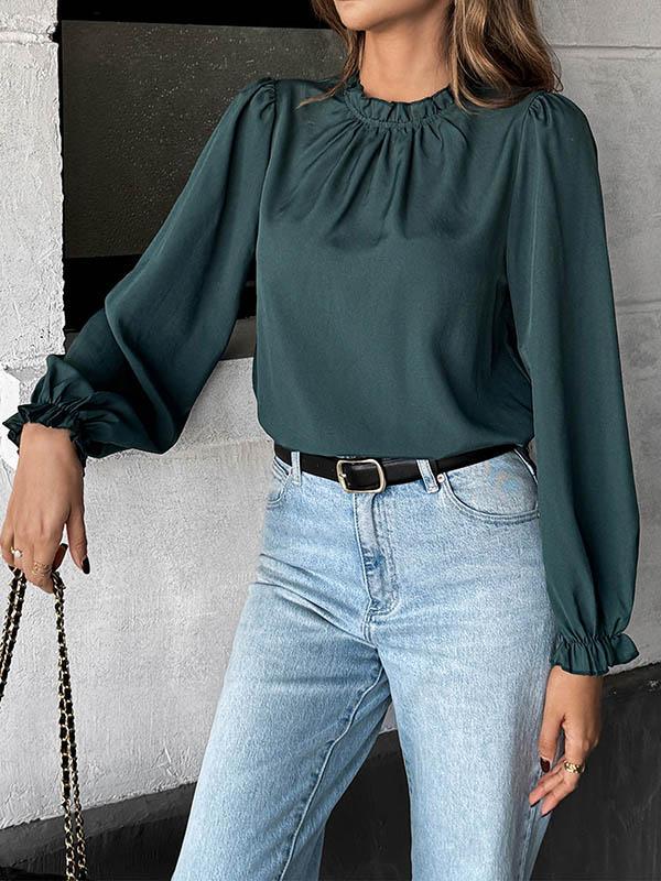 Long Sleeves Loose Elasticity Pleated Ruffle Trim Solid Color Mock Neck Blouses&Shirts Tops Product Image