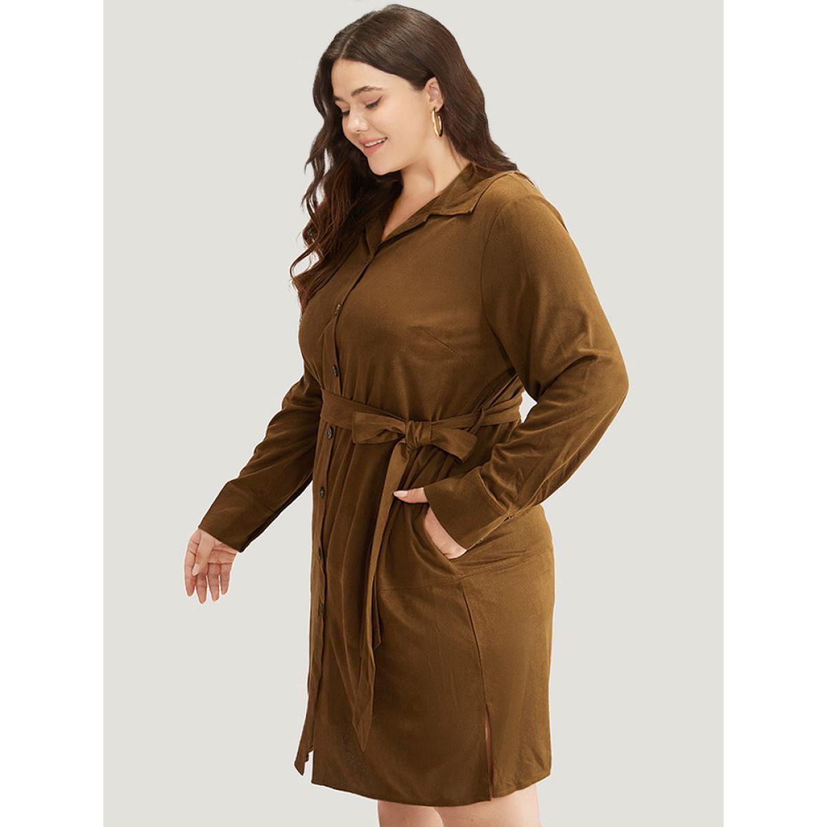 Plus Size Plain Split Hem Button Through Belted Dress Bronze Women Office Plain Shirt collar Long Sleeve Curvy Knee Dress BloomChic 18-20/2X Product Image