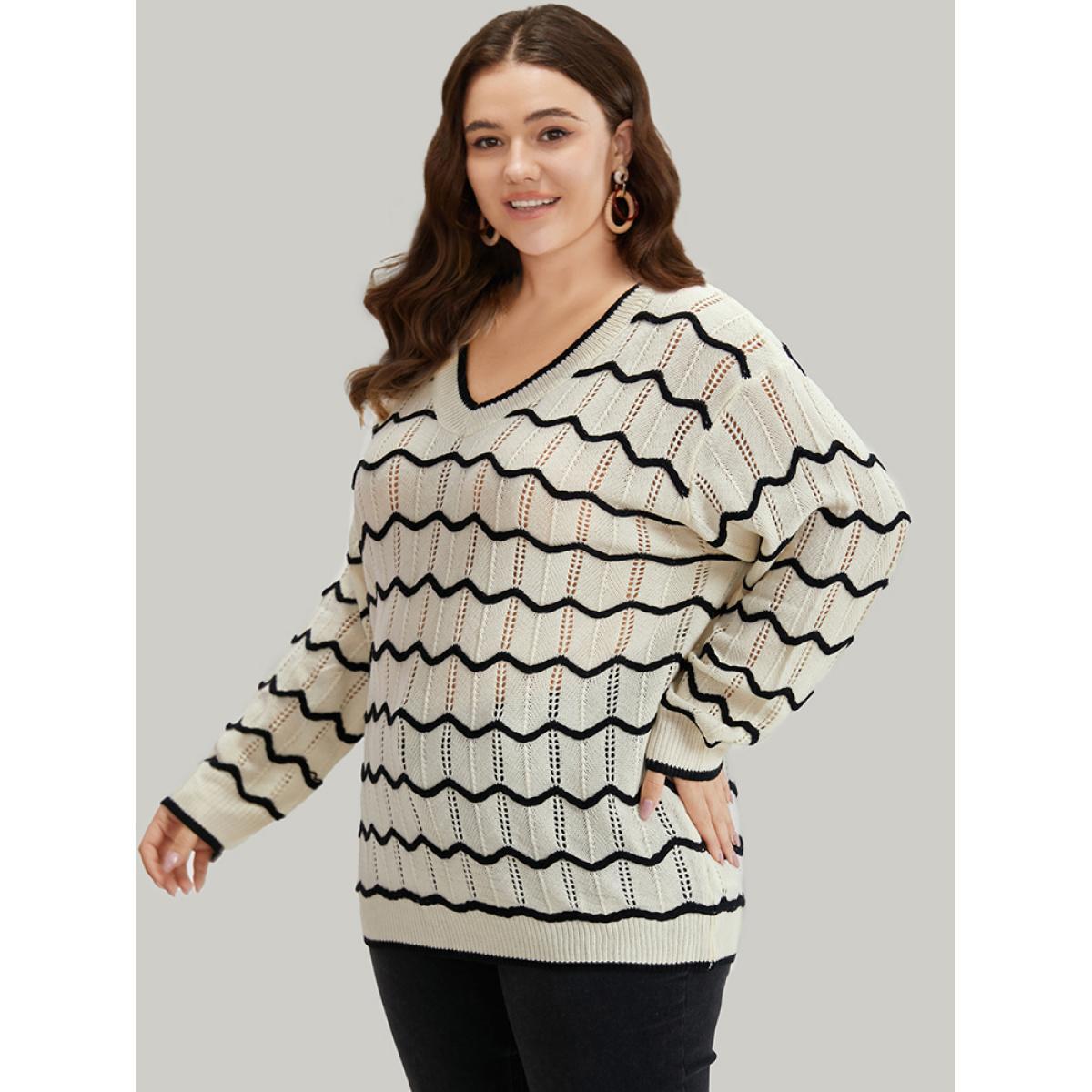 Plus Size Striped Drop Shoulder Cut Out Bodycon Pullover Beige Women Casual Bodycon Long Sleeve V-neck Everyday Pullovers BloomChic 26/4X Product Image