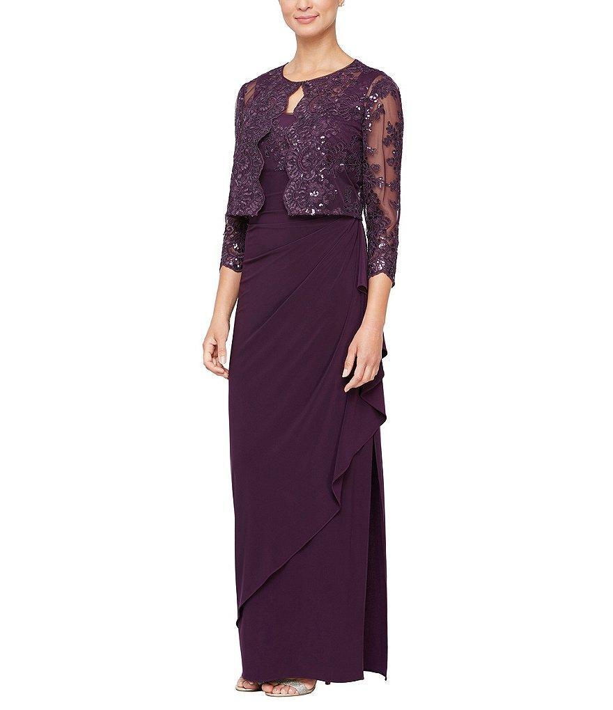 Alex Evenings Embroidered Floral Lace 2-Piece Scoop Neck 3/4 Sleeve Slit 2-Piece Jacket Dress Product Image