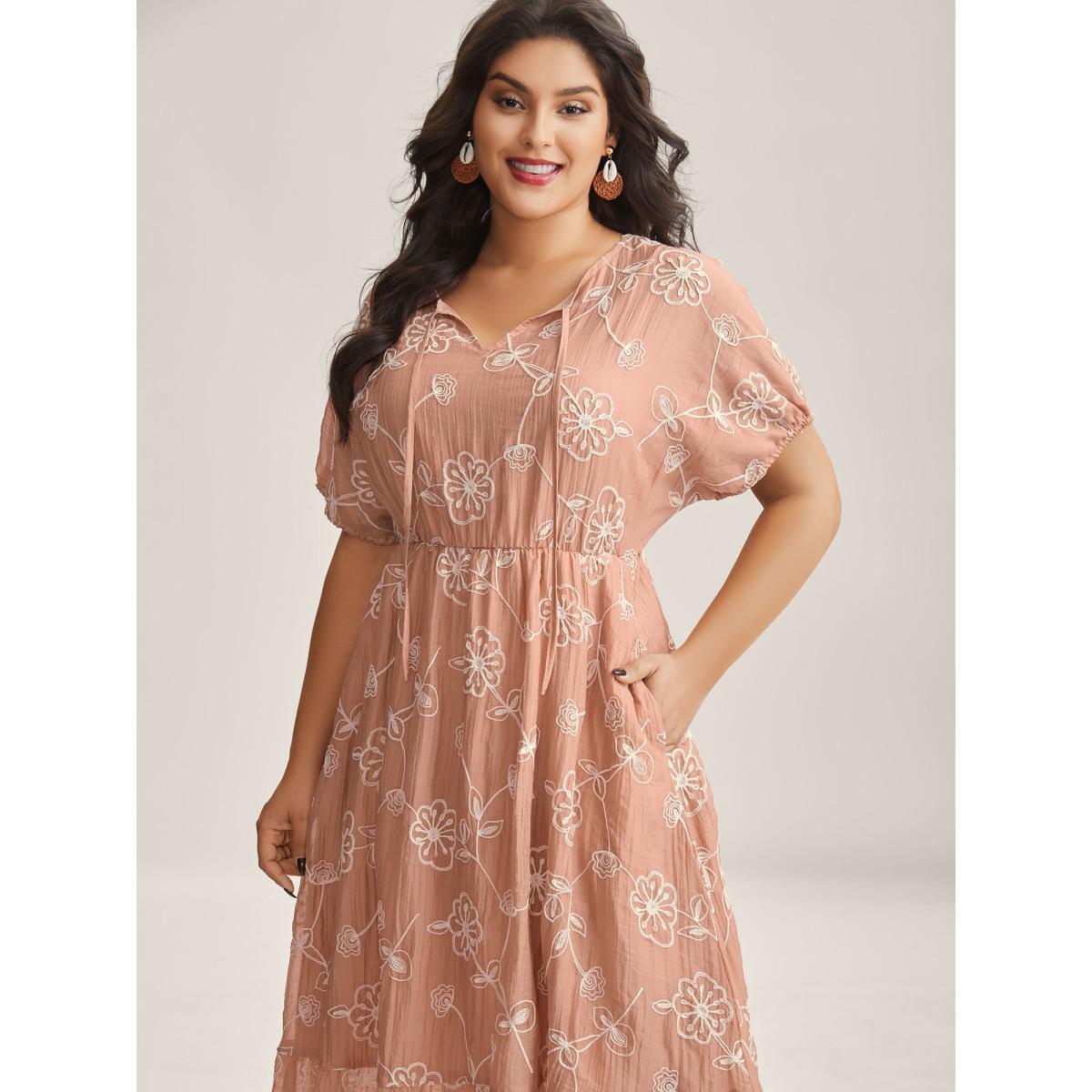 Plus Size Rayon Textured Embroidered Stretchy Midi Dress Watermelon Women V-neck Short sleeve Curvy BloomChic 26/4X Product Image