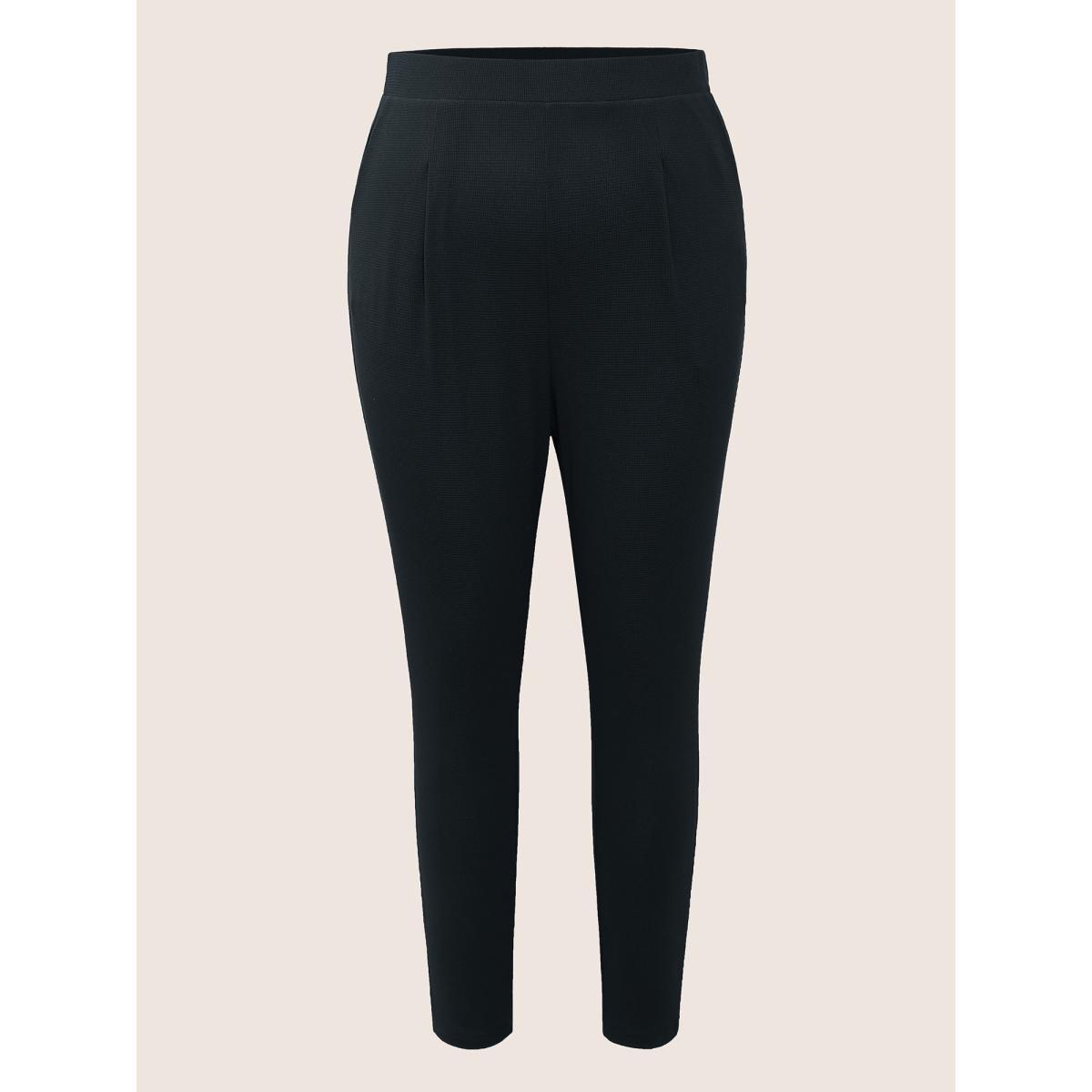 Plus Size Solid Mid Rise Gathered Elastic Waist Pants Women Black Work From Home Mid Rise Work Pants BloomChic 12/L Product Image