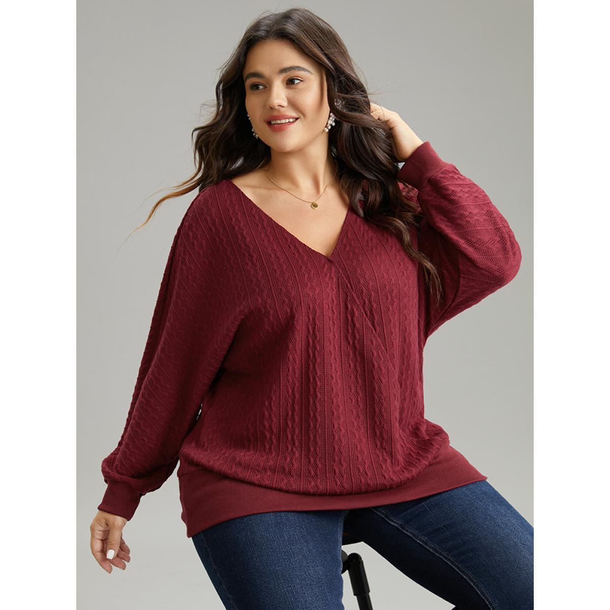 Plus Size Solid Rib Knit V Neck Sweatshirt Women Burgundy Casual Rib Knit V-neck Dailywear Sweatshirts BloomChic 26/4X Product Image