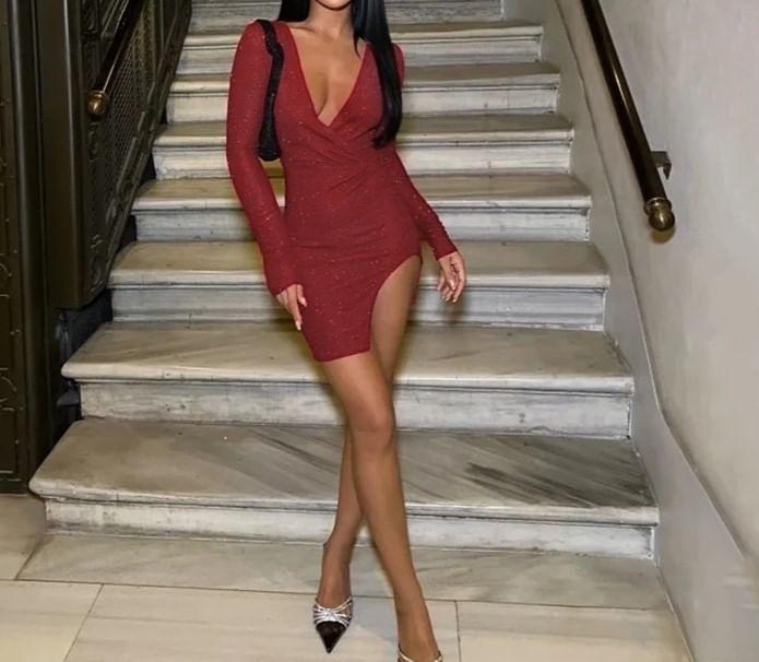 Long-Sleeve V-Neck Plunge Glitter Asymmetrical Mini Bodycon Dress Product Image