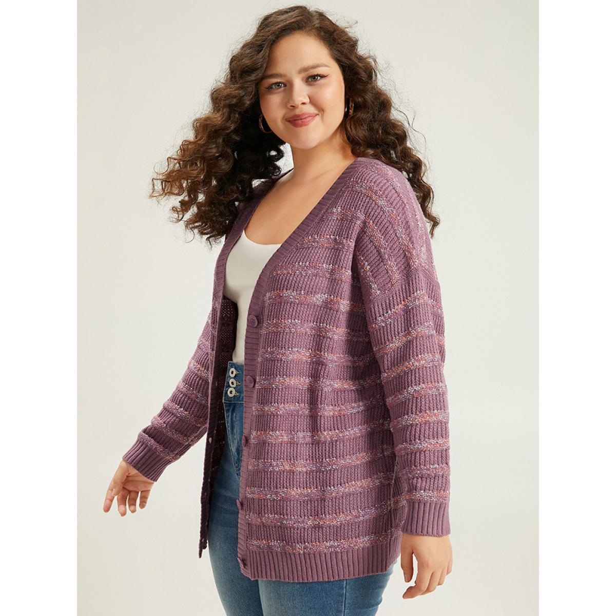 Plus Size Contrast Drop Shoulder Button Through Cardigan Mauve Women Casual Loose Long Sleeve Dailywear Cardigans BloomChic 18-20/2X Product Image