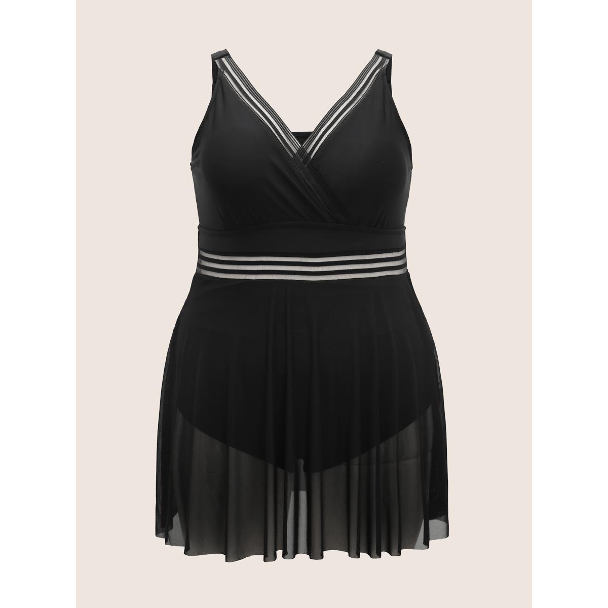 Plus Size Overlap Collar See Through Patchwork Swim Dress Women's Swimwear Black Beach Bodycon Overlap Collar High stretch Curve Swim Dresses BloomChic 26/4X Product Image
