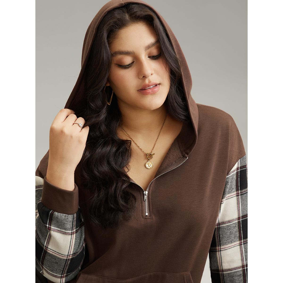 Plus Size Plaid Patchwork Half Zip Pocket Hooded Sweatshirt Women DarkBrown Casual Zipper Hooded Everyday Sweatshirts BloomChic 26/4X Product Image