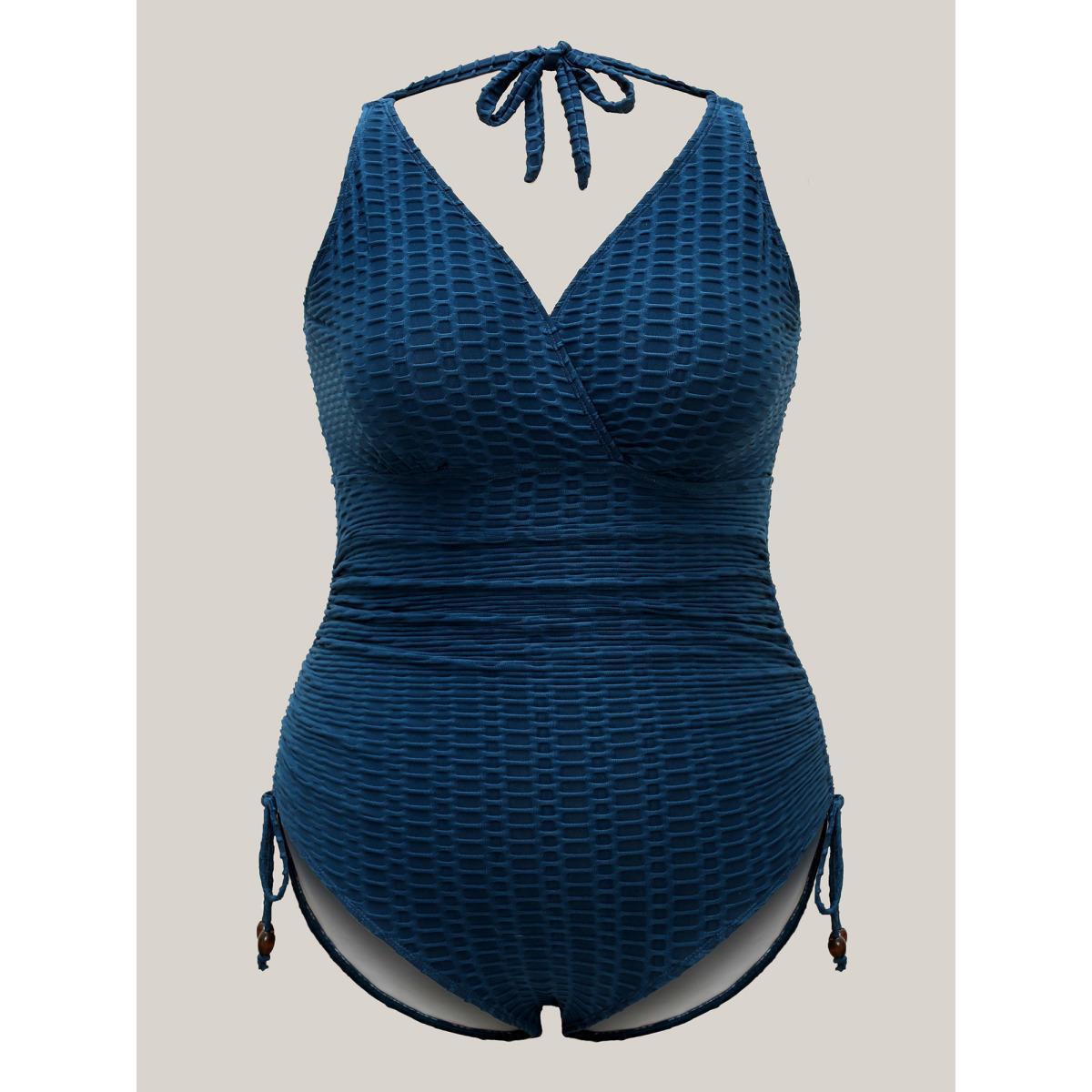 Plus Size Textured Drawstring Halter Neck One-Piece Swimsuit Women's Swimwear Cyan Beach Tie knot Curve Bathing Suits High stretch One Pieces BloomChic 28/5X Product Image