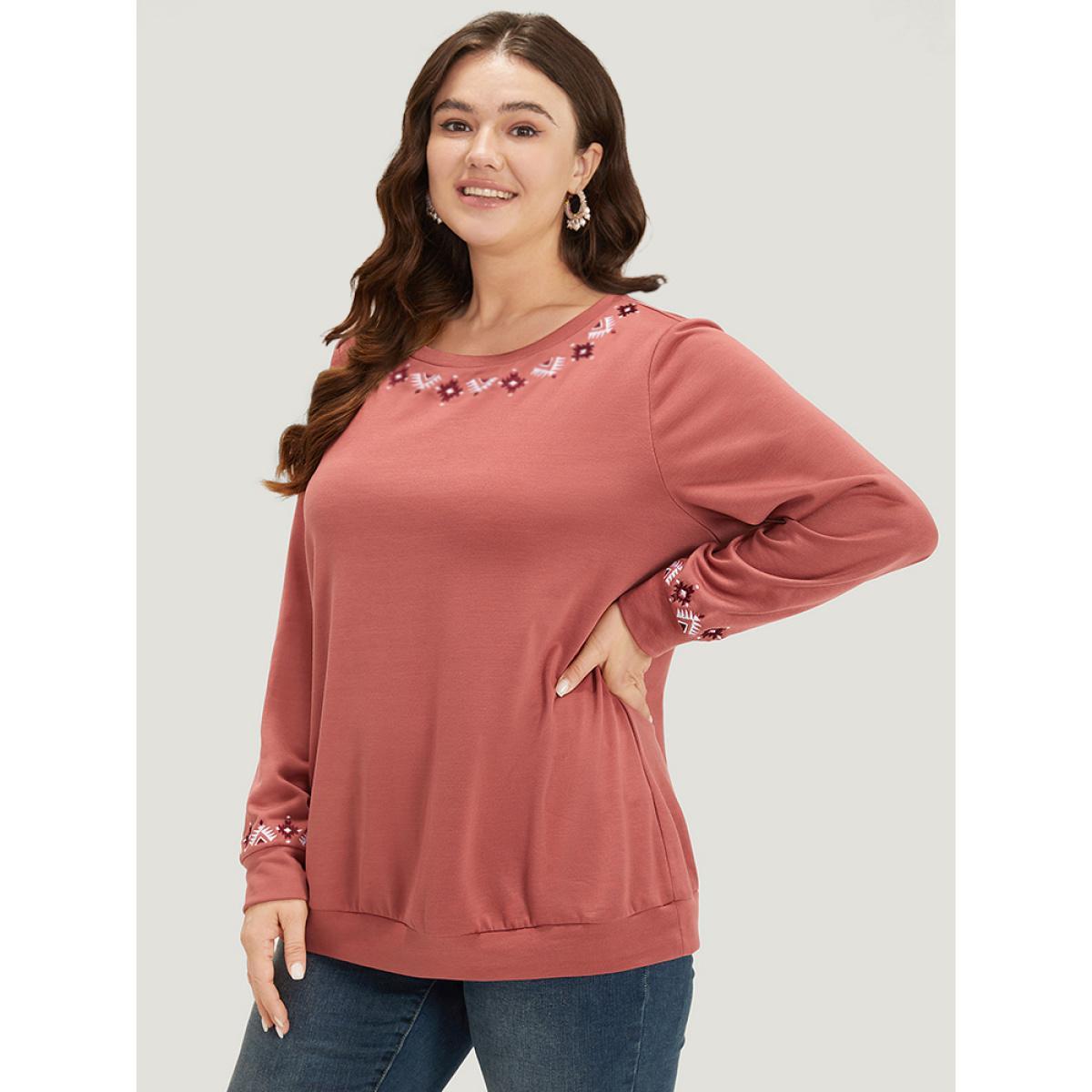 Plus Size Floral Embroidered Long Sleeve Crew Neck Sweatshirt Women DustyPink Elegant Elastic cuffs Round Neck Dailywear Sweatshirts BloomChic 14-16/1X Product Image
