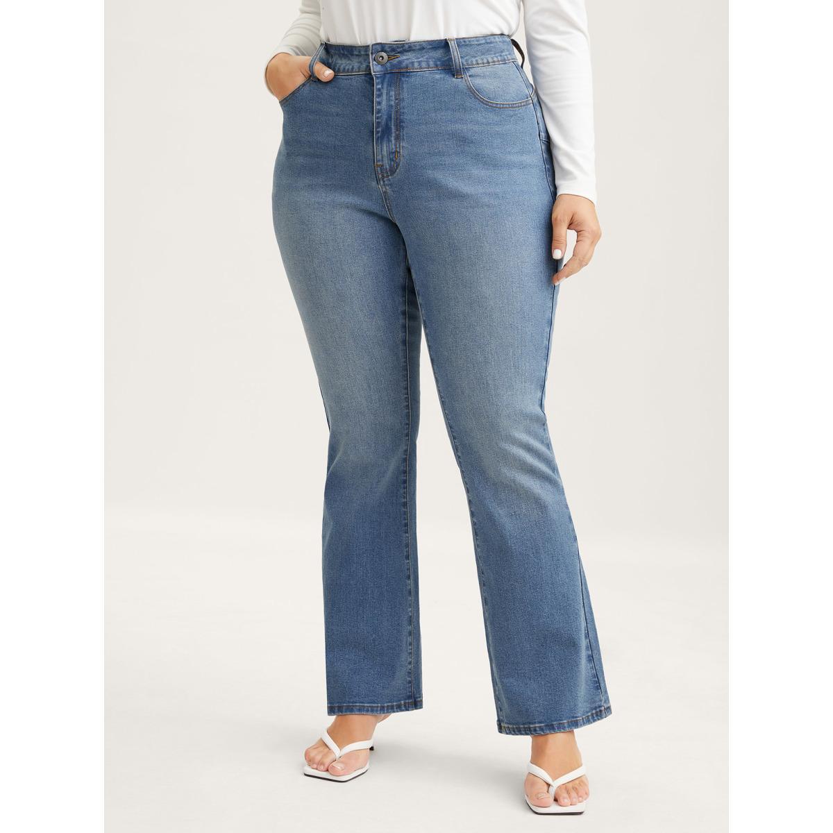 Plus Size Butt-Lift Bootcut Mid Rise Jeans Women Midblue High stretch Slanted pocket Jeans BloomChic 18/2X Product Image