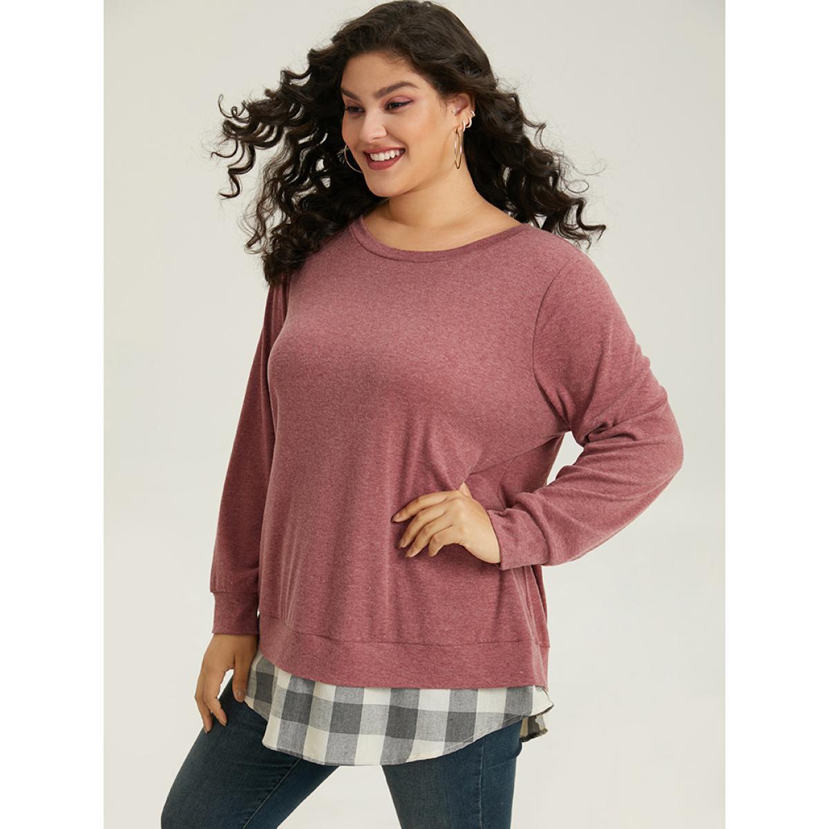 Plus Size Heather Plaid Patchwork Crew Neck T-shirt Russet Women Casual Heather Plaid Round Neck Everyday T-shirts BloomChic 12/L Product Image