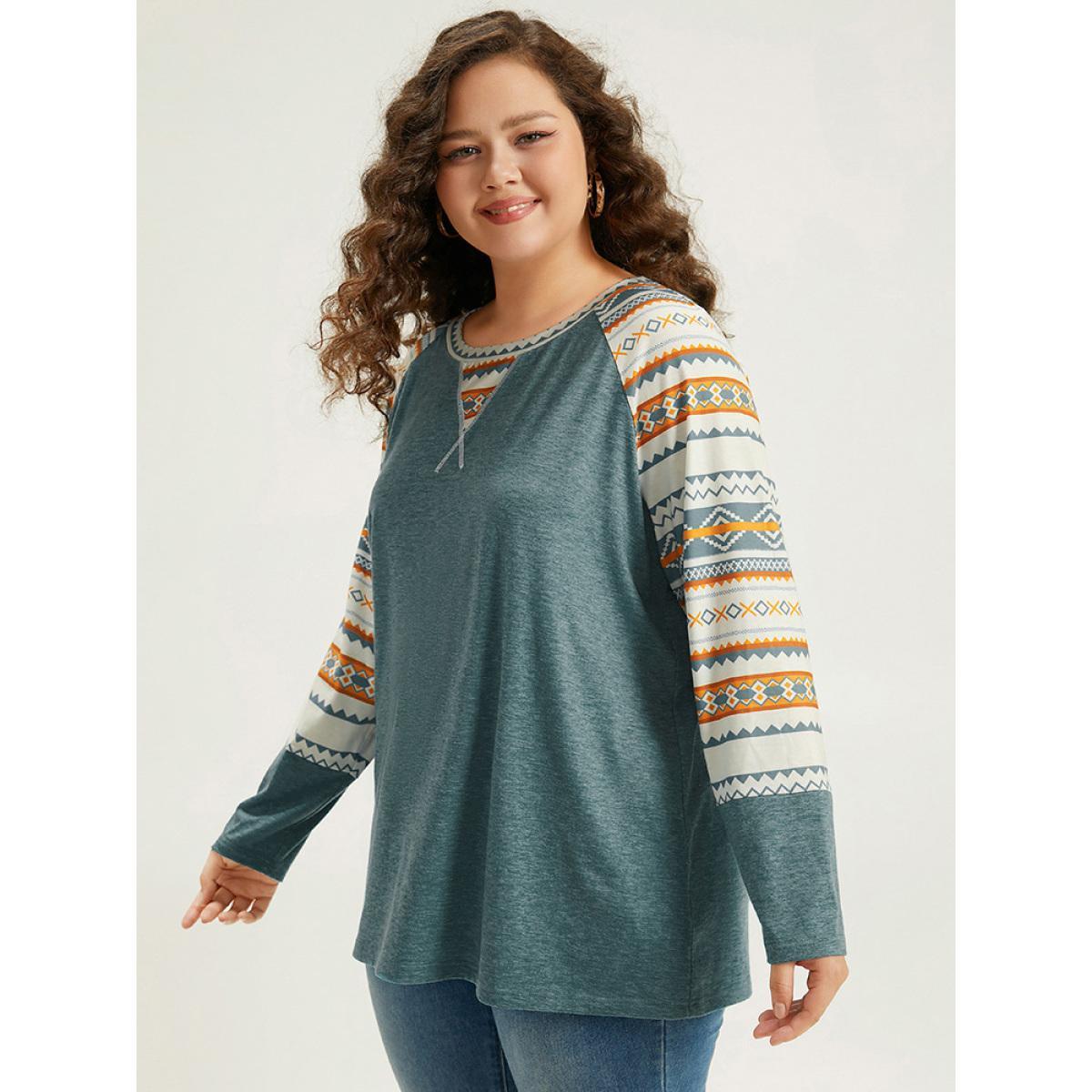 Plus Size Boho Print Raglan Sleeve T-shirt Green Women Casual Printed Bohemian Print Round Neck Dailywear T-shirts BloomChic 18-20/2X Product Image