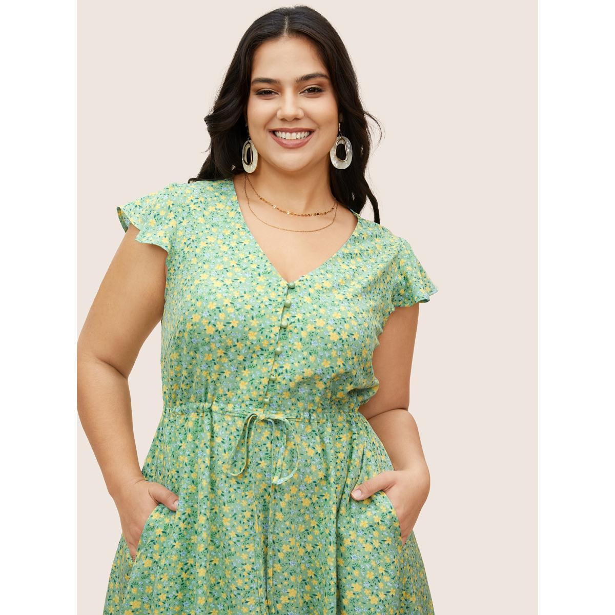 Plus Size Ditsy Floral Ruffles Button Up Drawstring Dress Mint Women Elegant Patchwork Round Neck Cap Sleeve Curvy BloomChic 30/6X Product Image