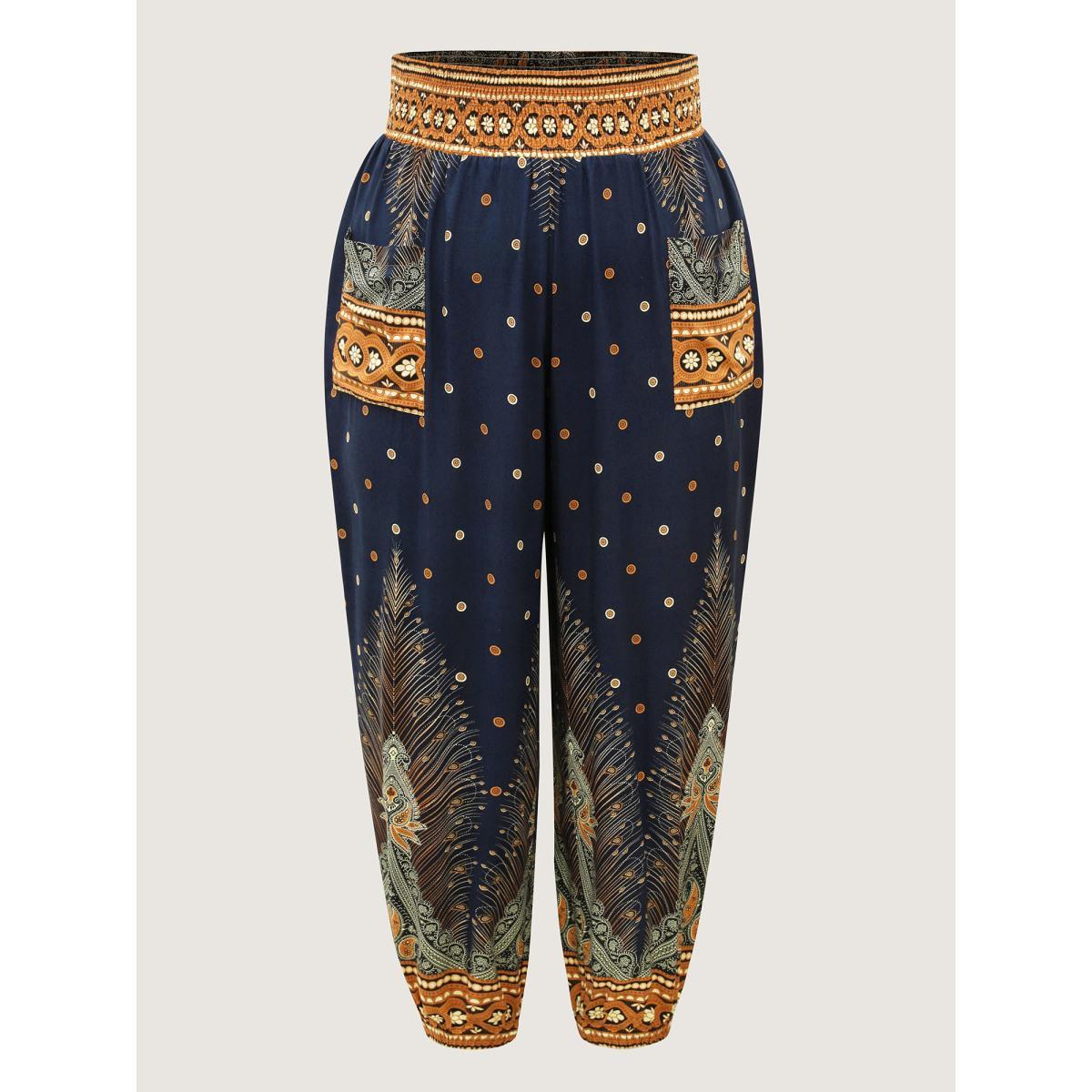 Plus Size Peacock Print Shirred Jogger Pants Women Indigo Resort Mid Rise Vacation Pants BloomChic 14-16/1X Product Image