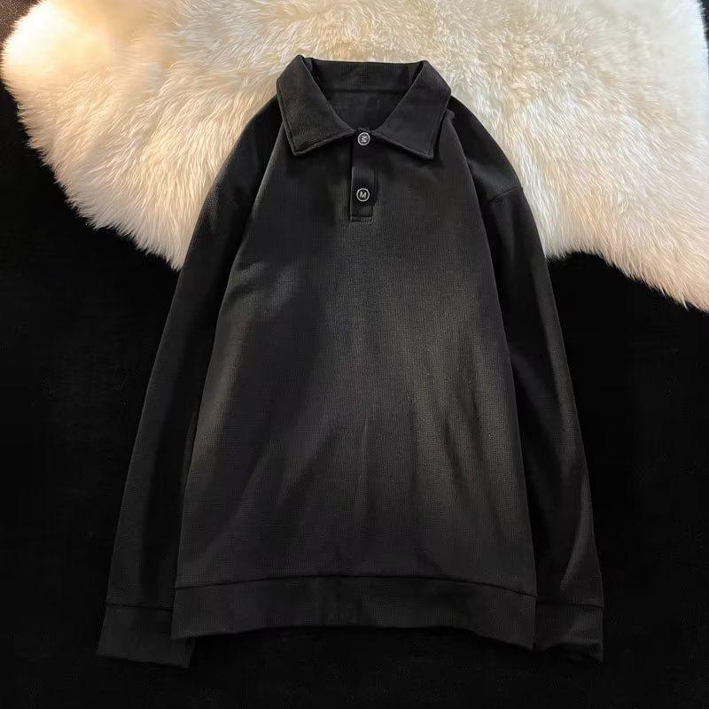 Long Sleeve Drop Shoulder Plain Polo Shirt Product Image