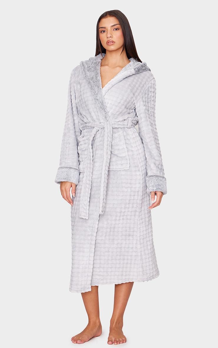 Grey Stripe Faux Fur Trim Hooded Bath Robe Product Image