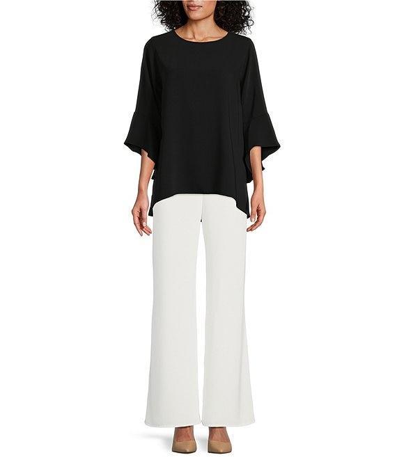 Caroline Rose Julia Matte Crepe Crew Neck 3/4 Ruffled Sleeve High-Low Hem Top Product Image