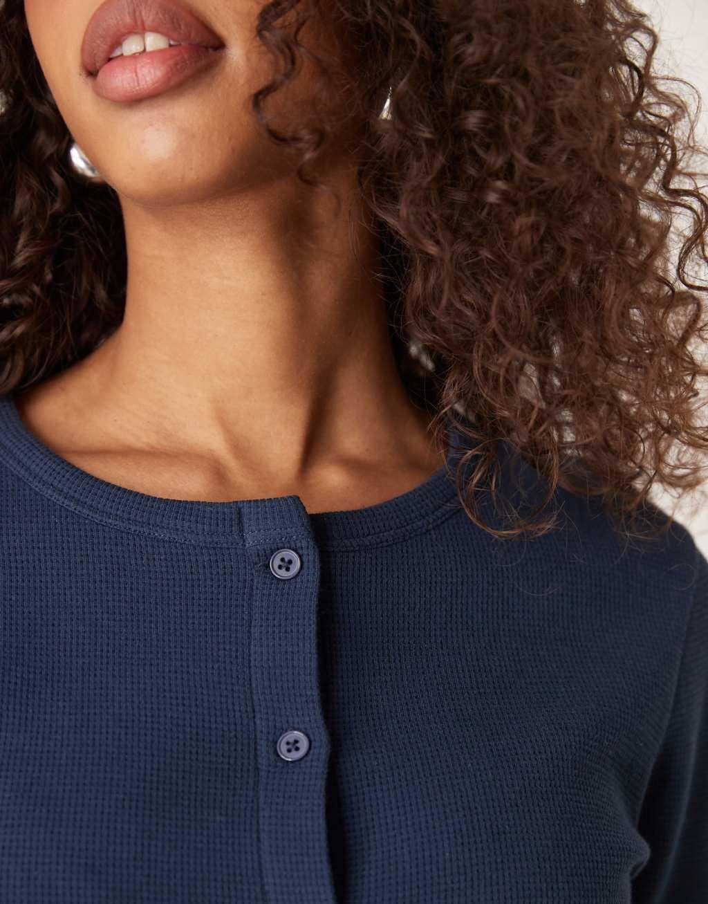 ASOS DESIGN crew neck waffle knit cardigan in navy Product Image