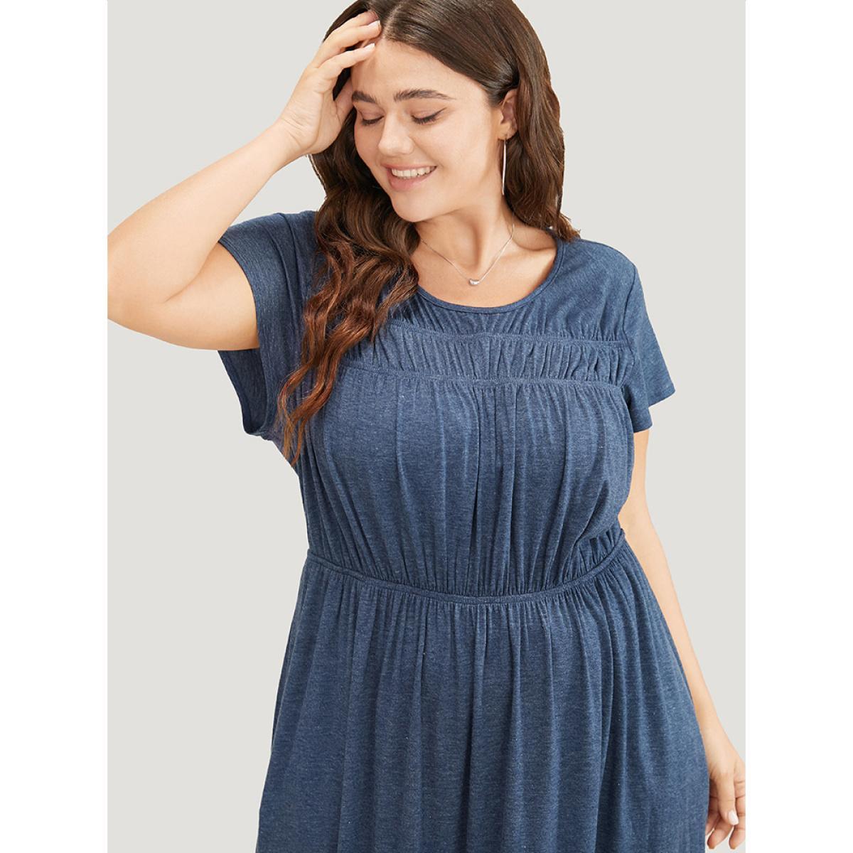 Plus Size Plain Gathered Pocket Round Neck Ruffle Sleeve Dress DarkBlue Women Office Gathered Round Neck Short sleeve Curvy Midi Dress BloomChic 26/4X Product Image