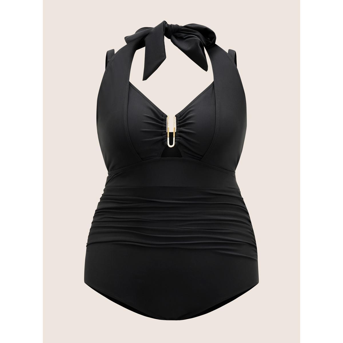 Plus Size Solid Ruched Metal Buckle Detail One Pieces Swimsuit Women's Swimwear Black Beach Non Curve Bathing Suits High stretch One Pieces BloomChic 30/6X Product Image