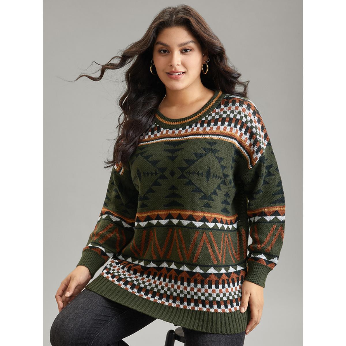 Plus Size Geometric Contrast Crew Neck Drop Shoulder Pullover DarkGreen Women Casual Loose Long Sleeve V-neck Everyday Pullovers BloomChic 26/4X Product Image