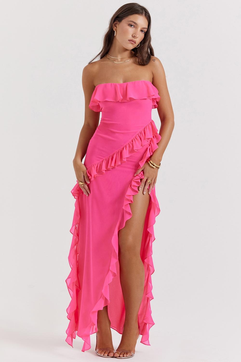 Sarina  fuchsia ruffle maxi dress Product Image